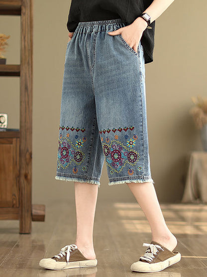 Women Summer Embroidery Knee-Length Denim Pants IO1023 Ada Fashion