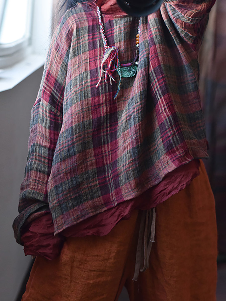 Women Spring Linen Retro Plaid Loose Shirt RR008 QYMM