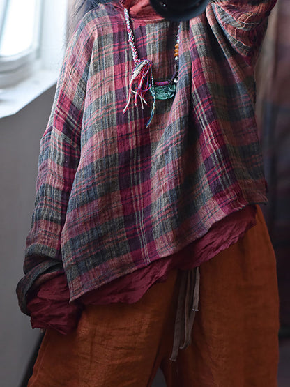 Women Spring Linen Retro Plaid Loose Shirt RR008 QYMM