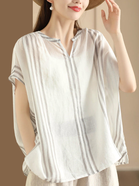 Women Summer Artsy Stripe V-Neck Thin Linen Shirt CV1053 Ada Fashion