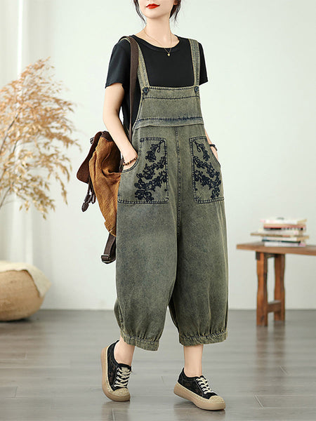 Long Jumpsuits Women Flower Embroidery Denim Summer FashionChic