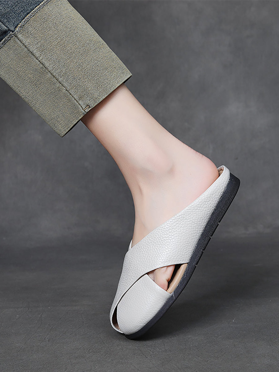 Women Summer Solid Leather X-Spliced Flat Slippers UI1032 Ada Fashion