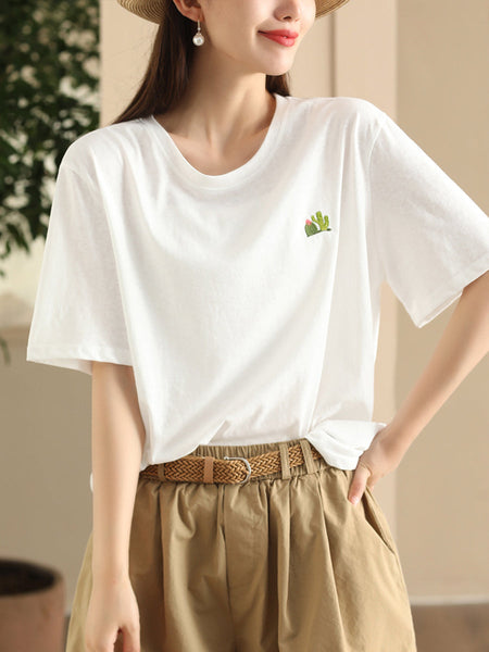 Women Summer Casual Solid Embroidery O-Neck Cotton Shirt CX060 JPFS