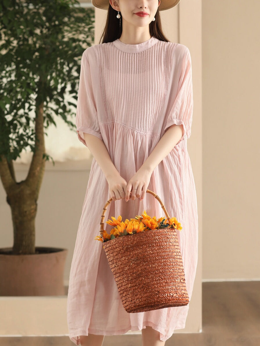 Women Summer Artsy Shirred Solid Ramie Dress CX003 BUYKUD