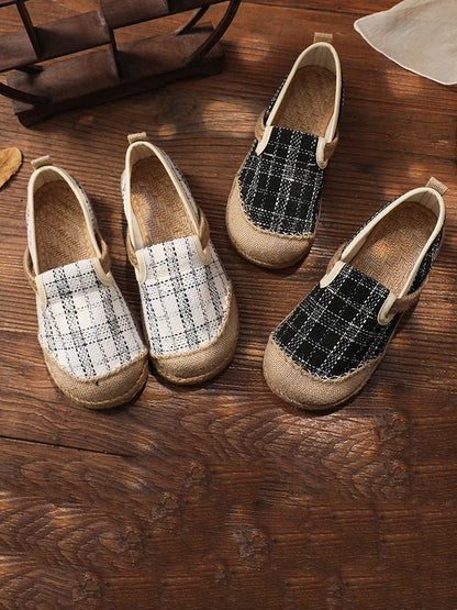 Women Artsy Summer Plaid Linen Spliced Flat Shoes RR007 BUYKUD