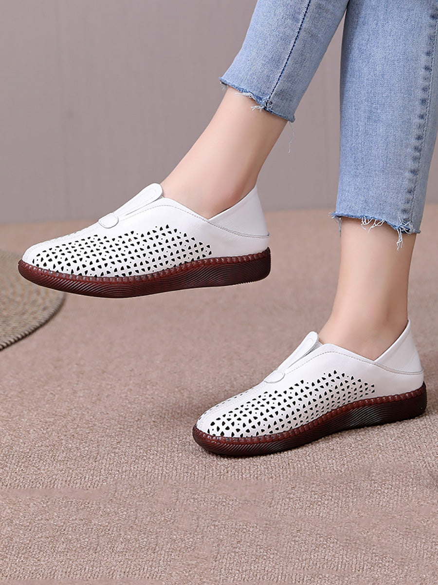 Women Summer Solid Casual Leather Cutout Flat Shoes HH048 HNXZ