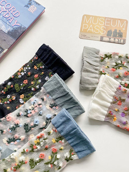 5 Pairs Women Summer Flower Jacquard Thin Socks FG1017 Ada Fashion