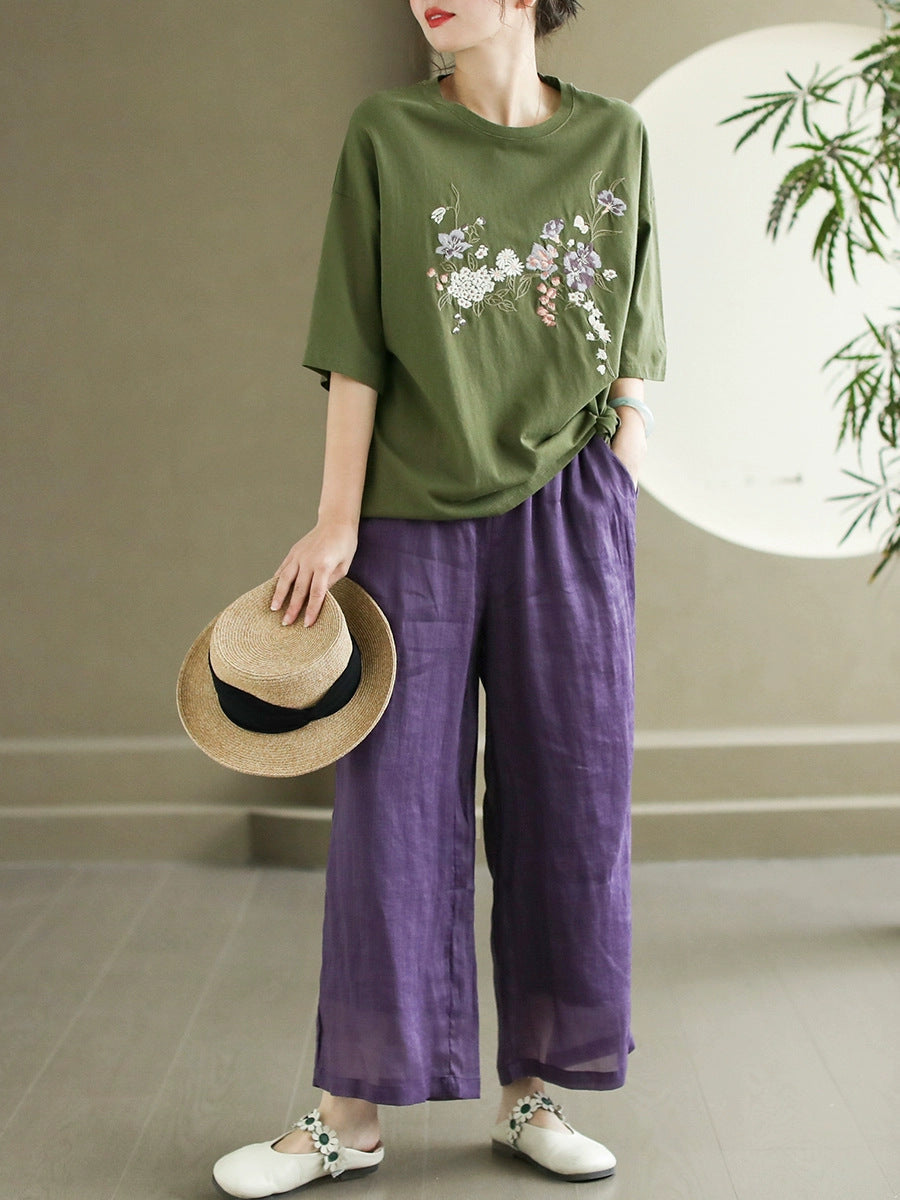 Women Summer Flower Embroidery Cotton O-Neck Shirt AS1007 Ada Fashion