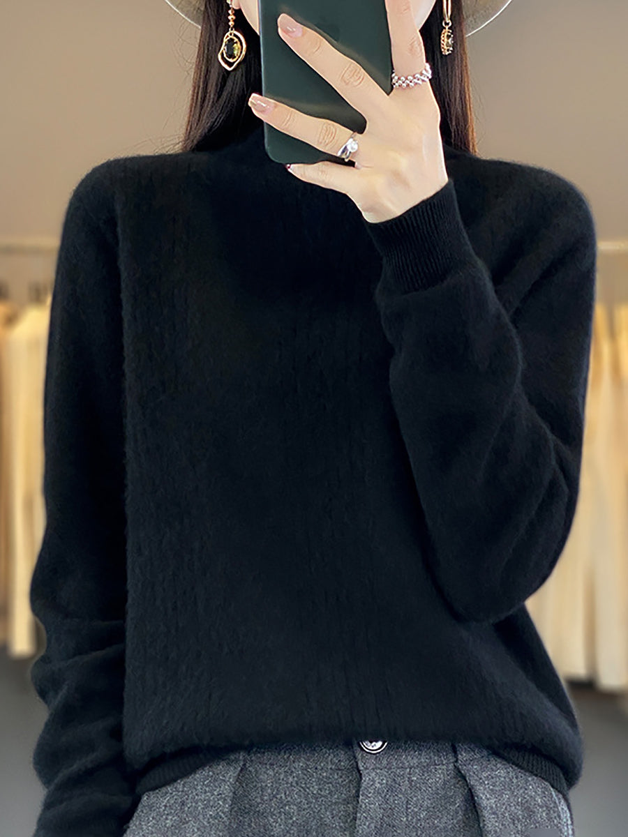 Women Autumn Solid Cable Knit 100%Wool Half Turtleneck Sweater QN028 BK