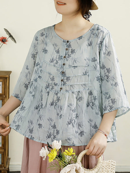 Women Summer Artsy Floral Button Spliced O-Neck Ramie Shirt HH003 BUYKUD
