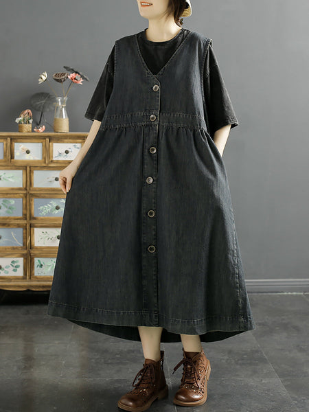 Women Casual Cotton Button-Up Spring Denim Vest Dress SC1044 Ada Fashion