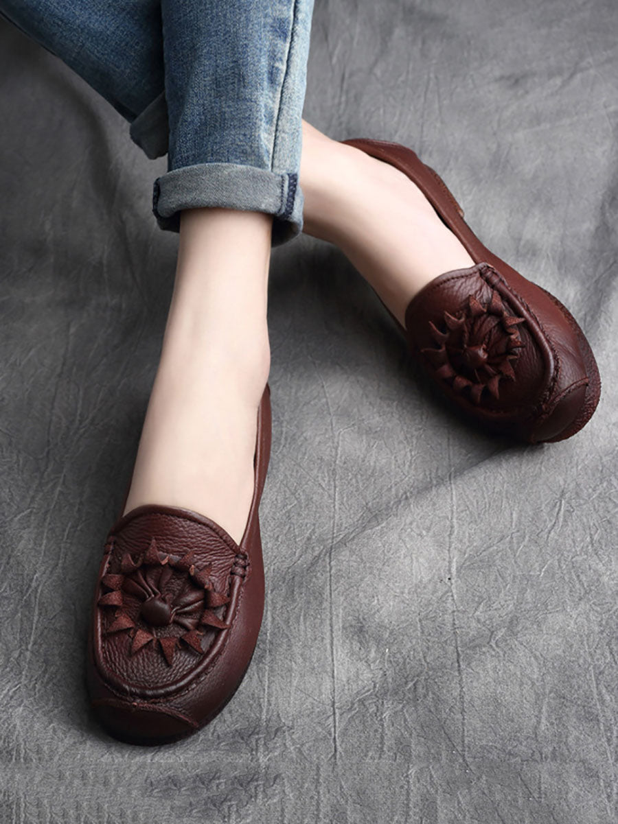 Women Vintage Flower Genuine Leather Low Heel Shoes AS1005 RXMY