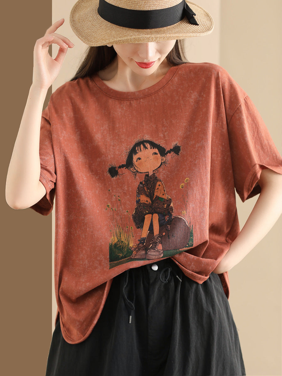 Women Summer Casual Print Retro Pullover Cotton Shirt OO1047 ZMMM