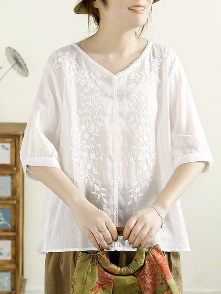 Women Summer Artsy Embroidery V-Neck Ramie Shirt PP1020 ZMMM