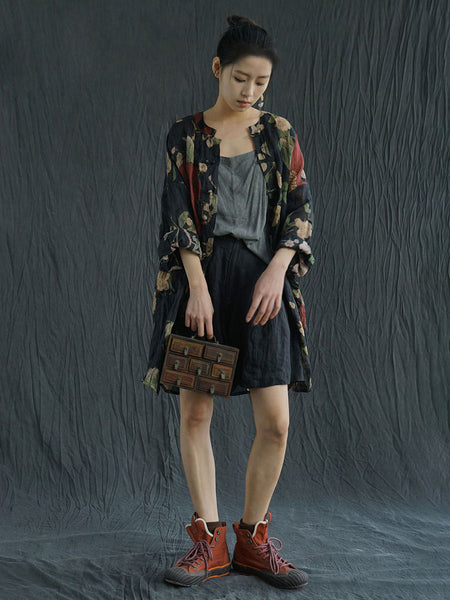 PLus Size Women Vintage Flower Print Ramie Spring Long Shirt AS1032 Ada Fashion