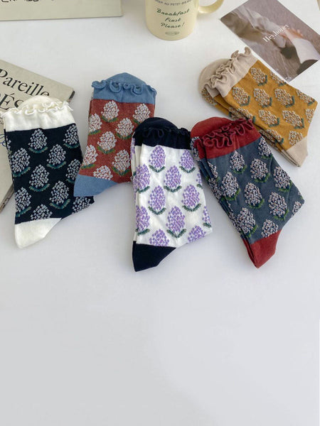 5 Pairs Women Artsy Foral Embroidery Colorblock Cotton Socks AV1043 Genistyle Shop