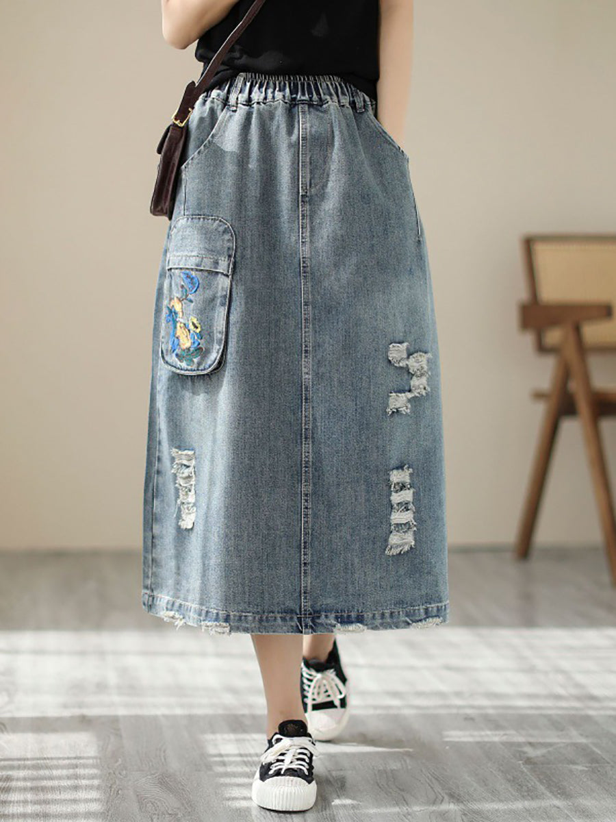 Women Summer Flower Embroidery Frayed Denim Skirt AS1041 Ada Fashion