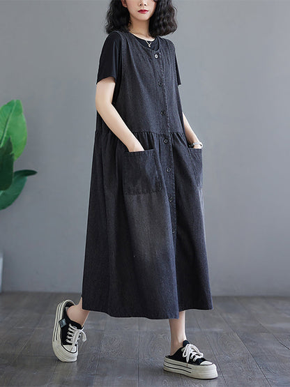 Women Summer Solid Denim Button-up Vest Dress OP1040 BUYKUD