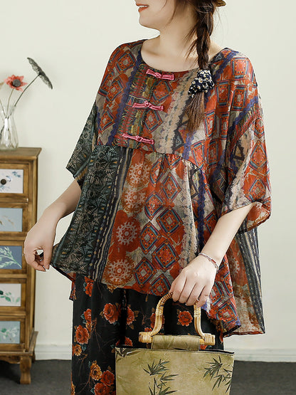 Women Summer Ethnic Flower Buckle O-Neck Ramie Shirt CX055 QQFY