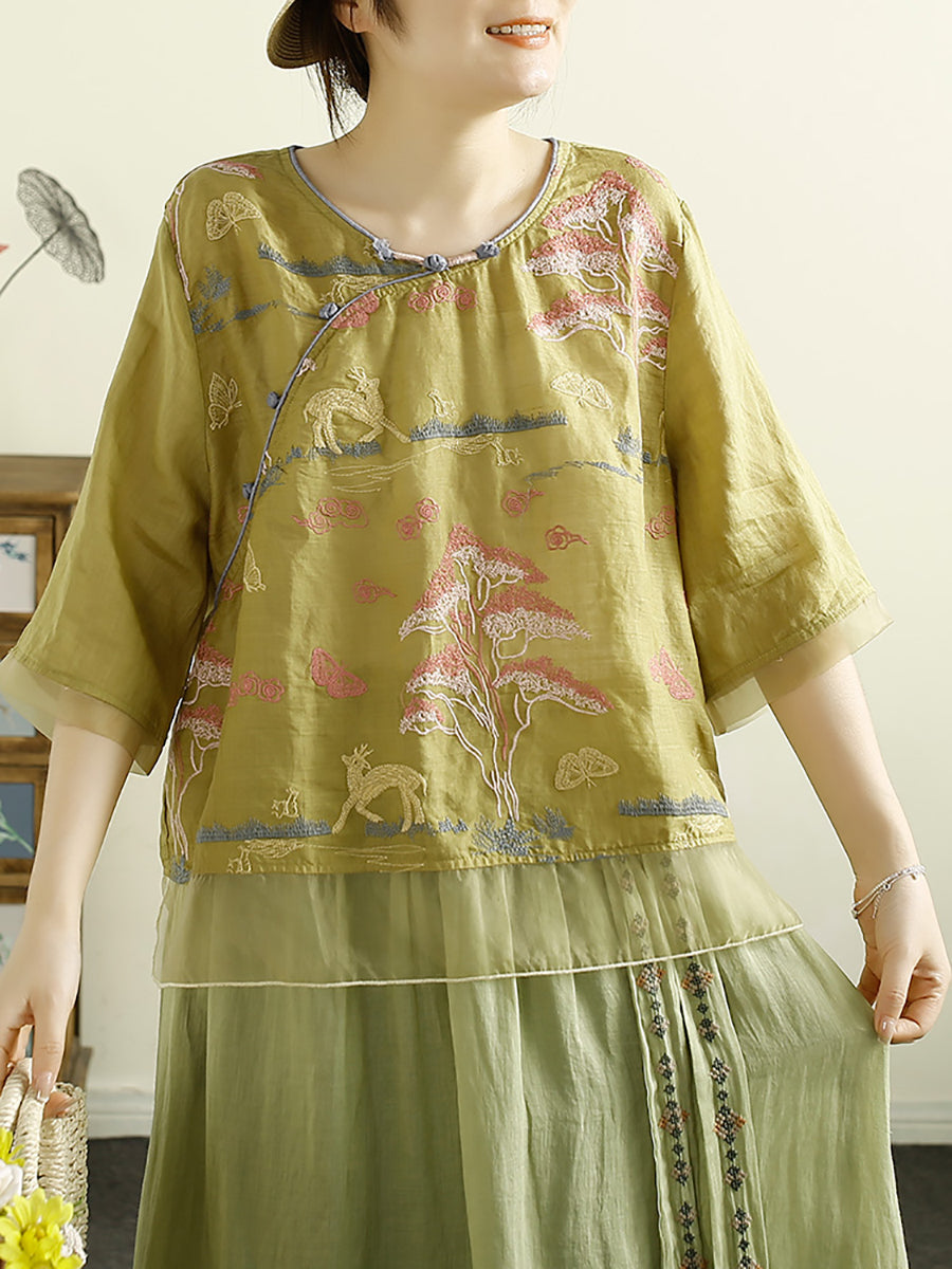 Women Vintage Summer Embroidery Ramie O-Neck Shirt OO1007 BUYKUD