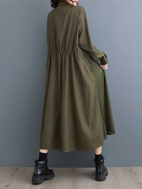 Stylish Army Green Lapel Buttoned Pleated Pockets Long Sleeves Shirt Dress WS001 shopify