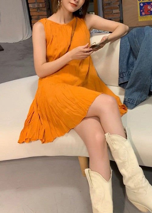 New Orange O Neck Solid Cotton Mid Dress Sleeveless QP038 OL-SDM241001
