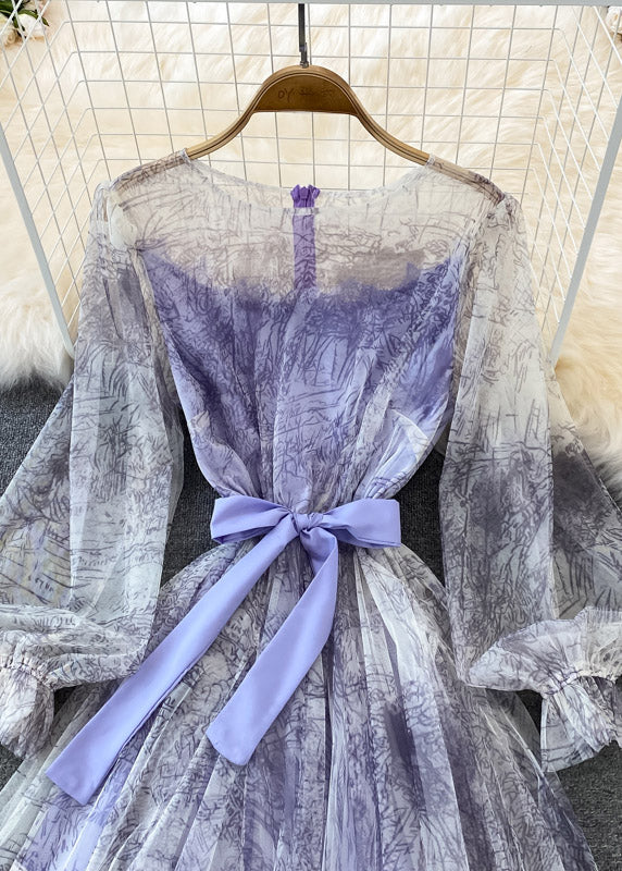 Purple O-Neck Bow Tulle Long Dress Puff Sleeve AJ1038 shopify