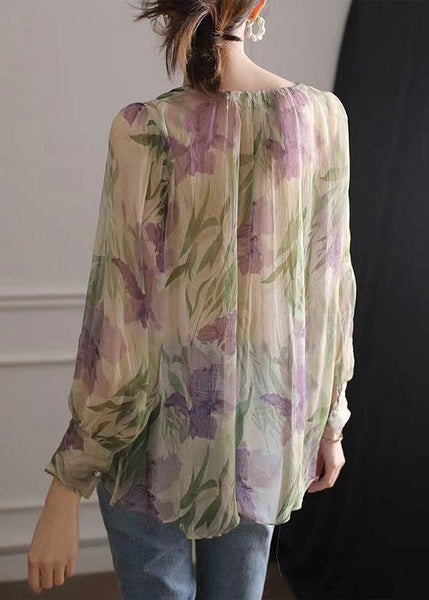 French Green Print Lace Up Chiffon Blouse Long Sleeve EE009 shopify