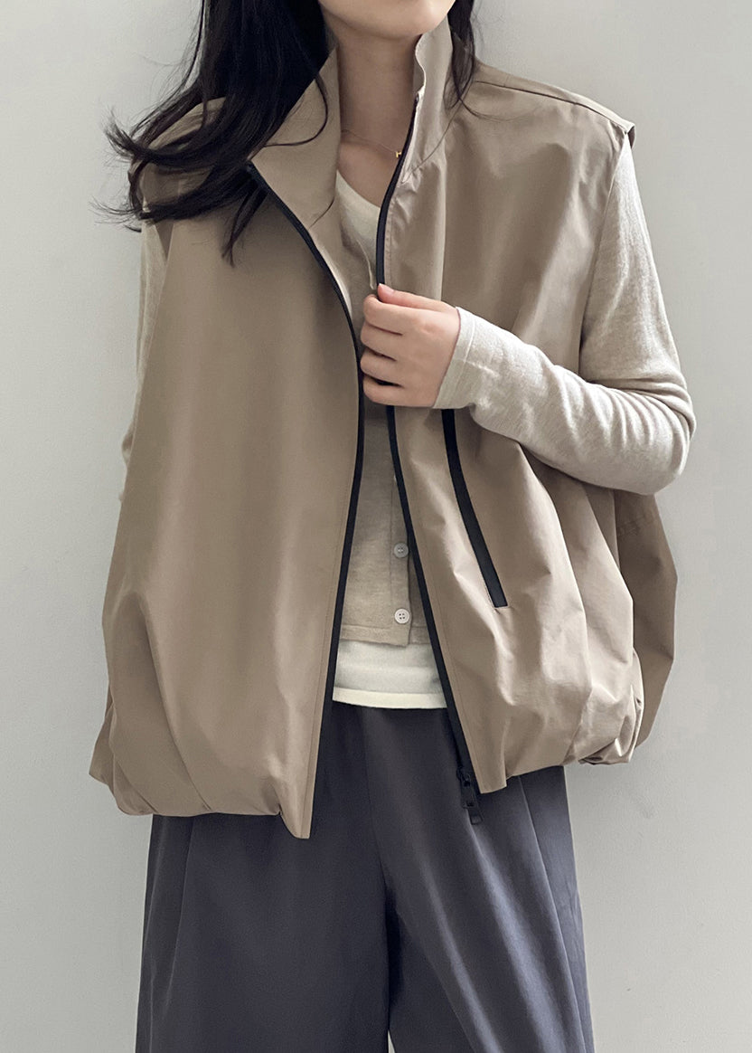 Boutique Khaki Stand Collar Zip Up Wrinkled Vest Sleeveless WD018 HS-VTP241103