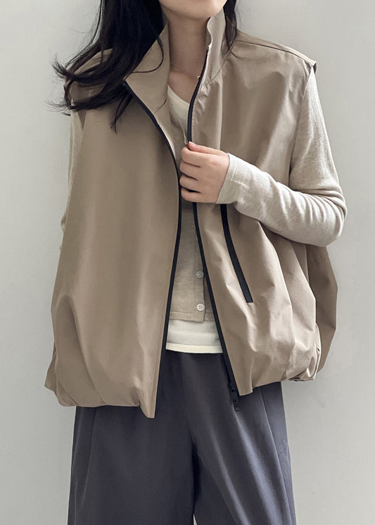 Boutique Khaki Stand Collar Zip Up Wrinkled Vest Sleeveless WD018 HS-VTP241103