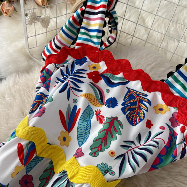 Art white Square Collar Rainbow Striped Floral Print Straps Dress AR1007 shopify