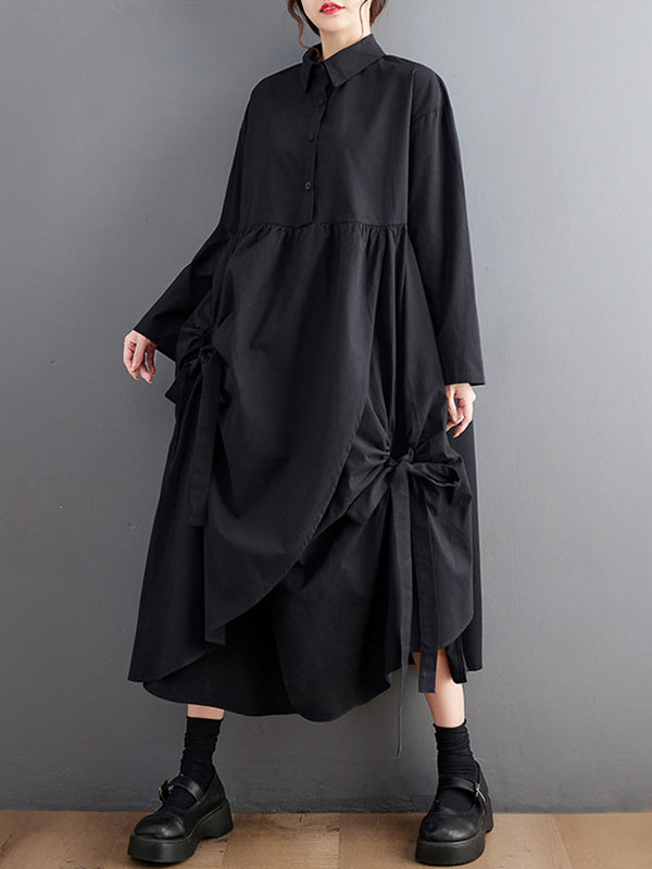 Stylish Black Lapel Buttoned Drawstring Pleated Tied Pockets Sleeves Shirt Dress WS004 shopify