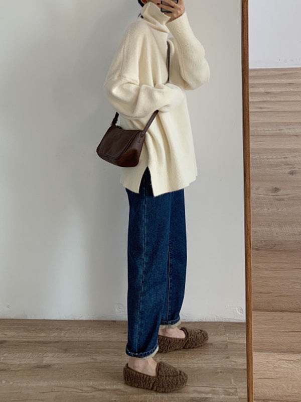 Casual Red High Neck Split Hem Long Sleeve Sweater AN1056 Genistyle Shop