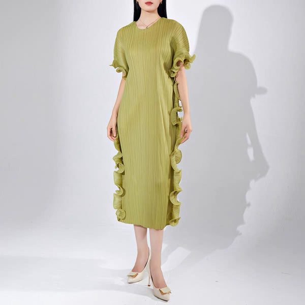 Elegant Apricot Round Neck Pleated Batwing Sleeve Lace-up Dress NN012 Genistyle Shop