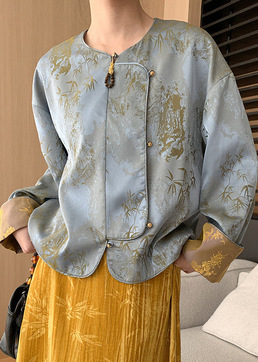 Loose Blue Button Print Silk Coats Long Sleeve AF1087 HS-CTS240914