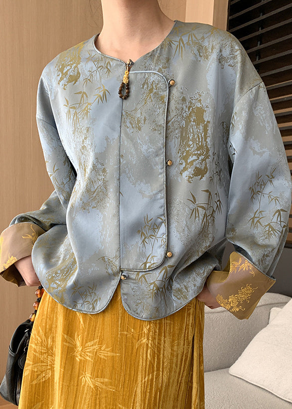 Loose Blue Button Print Silk Coats Long Sleeve AF1087 HS-CTS240914