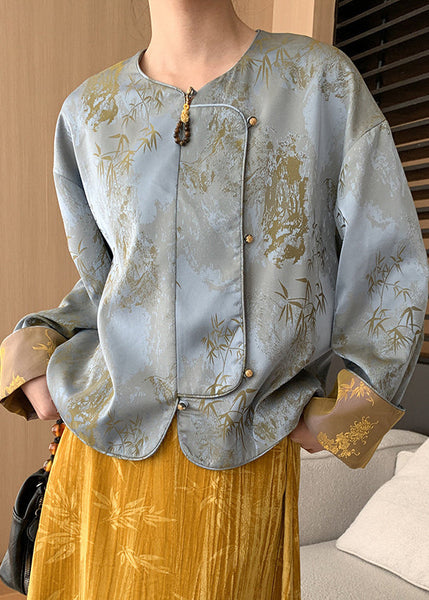 Loose Blue Button Print Silk Coats Long Sleeve AF1087 HS-CTS240914