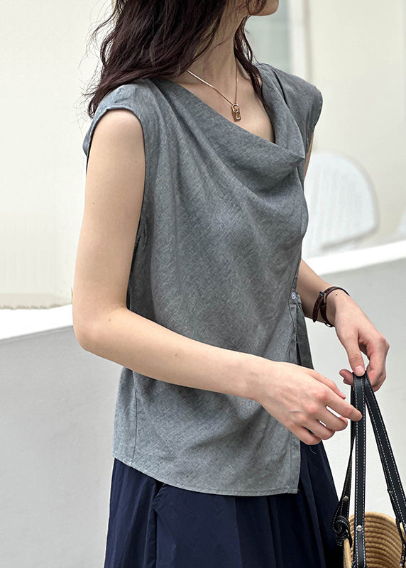 New Grey Asymmetrical Button Cotton Top Summer AF1039 HS-STP240914