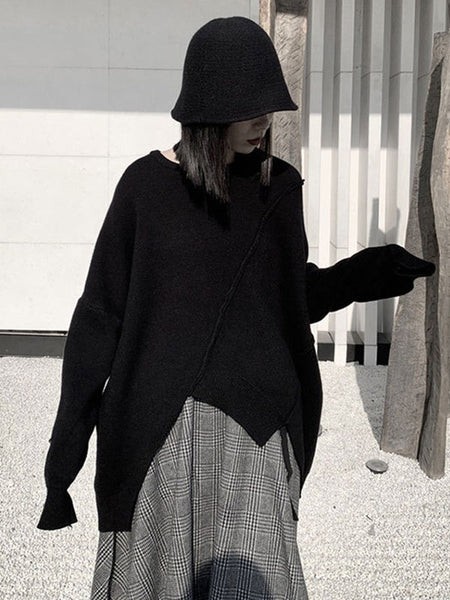 Original Loose Black Round-Neck Batwing Sleeve Irregular Hem Knit Sweater AN1037 Genistyle Shop