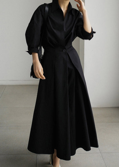Cotton Black Dresses Long Sleeve Wrinkled Button FashionChic