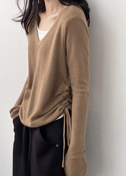 Coffee Cinched Knit Blouses V Neck Long Sleeve AF1092 HS-LTP240914