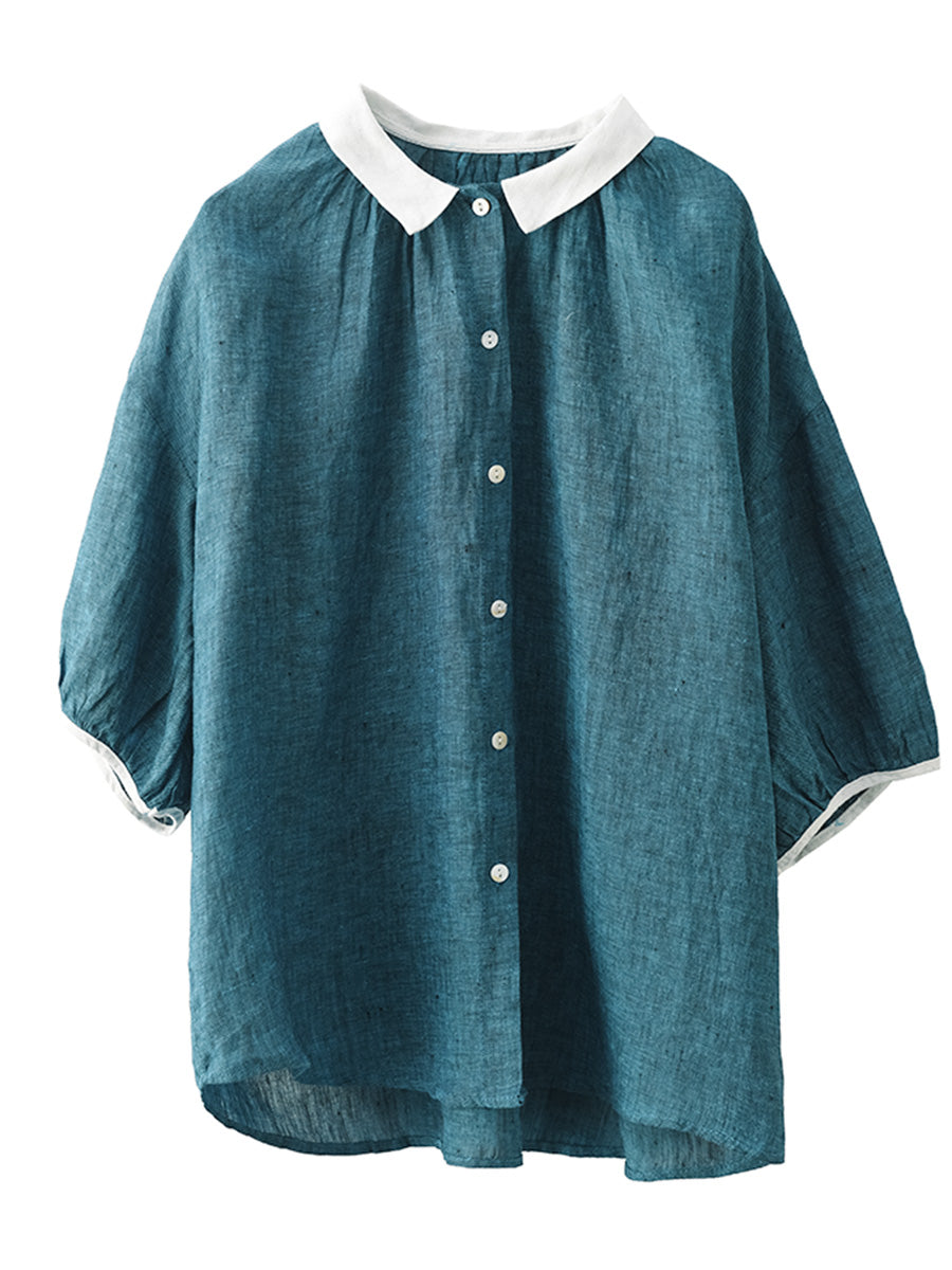 Women Summer Artsy Colorblock Button-up Linen Shirt XX1009 Ada Fashion