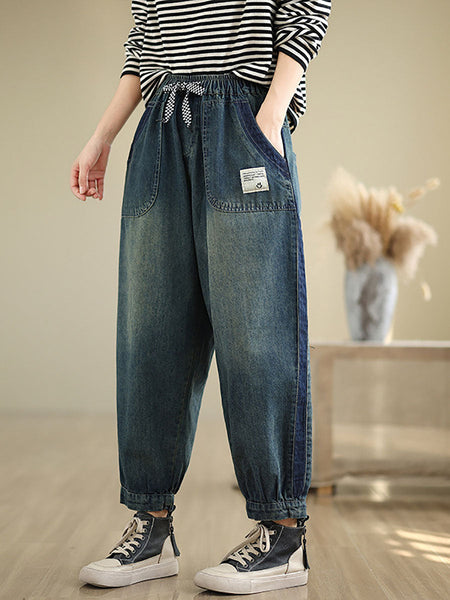 Women Casual Pockets Washed Denim Harem Pants AT1003 ZMFS