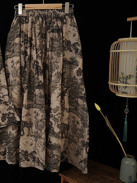 Women Ethnic Print V-Neck Ramie Loose Shirt+Skirt RR1032 BUYKUD