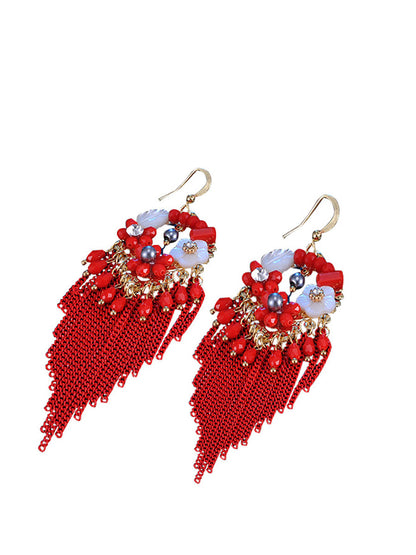 Bohemia Women Tassel Bead Flower Alloy Earrings FD011 YMR