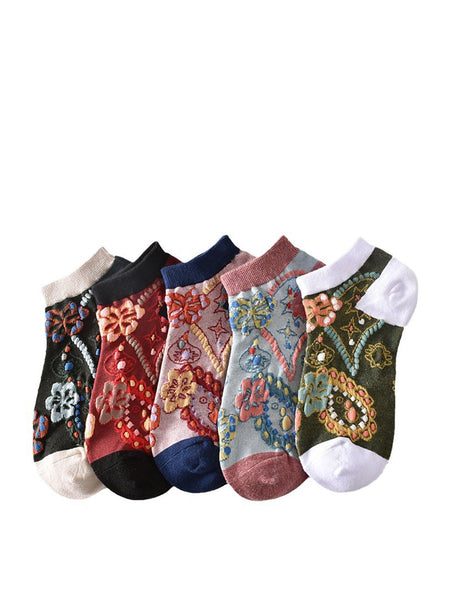 5 Pairs Women Summer Flower Jacquard Short Socks CO1040 Ada Fashion