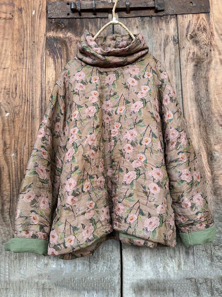 Women Vintage Autumn Floral Turtleneck Ramie Padded Coat QM029 BK