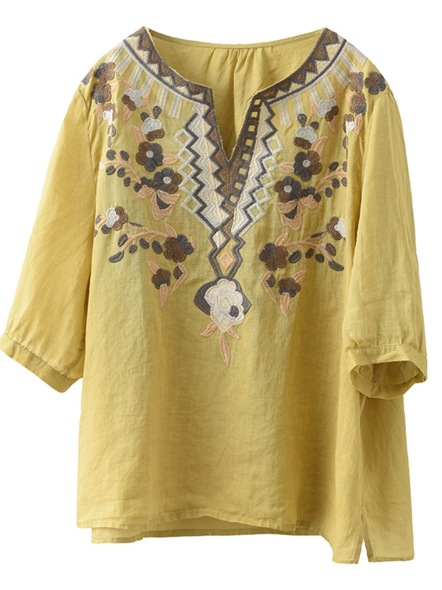 Women Summer Ethnic Flower Embroidery Ramie Shirt TY1006 Ada Fashion