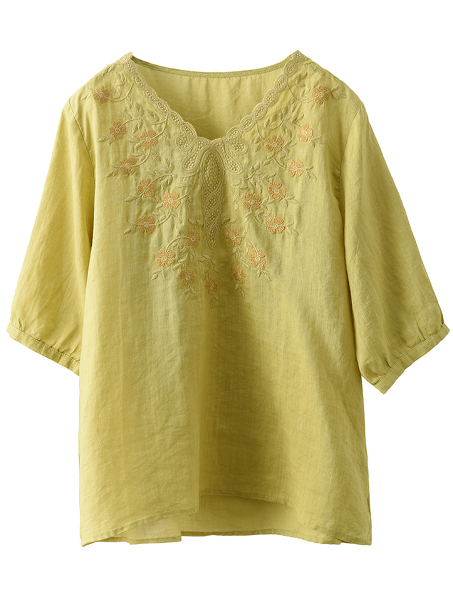 Women Summer Artsy Flower Embroidery Ramie V-Neck Shirt CC030 LPP