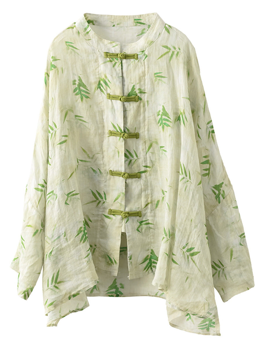 Women Summer Artsy Flower Button-Up Ramie Shirt HH016 ZMMM